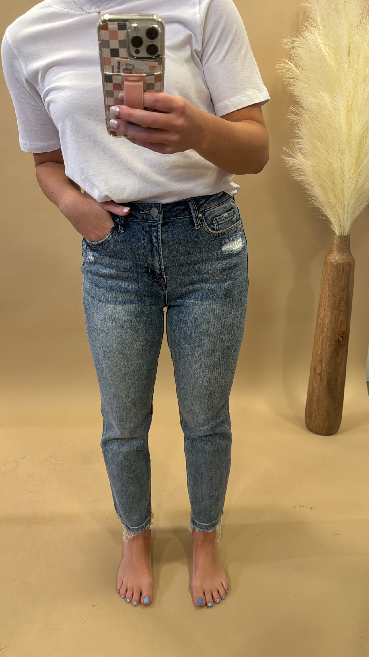IRIS MEDIUM WASHED HIGH RISE MOM JEAN WITH NO DISTRESSING