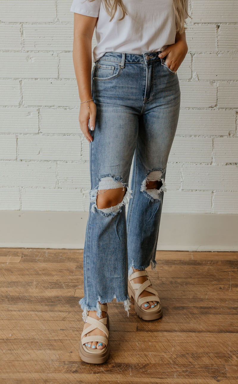 SHANTEL HIGH RISE STRAIGHT CROP JEANS WITH DISTRESSING IN KNEES