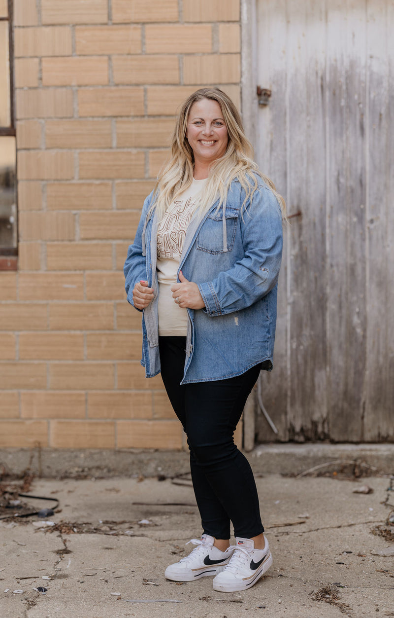 DREW DENIM JACKET WITH HOOD AVAILABLE IN CURVY AND REGULAR