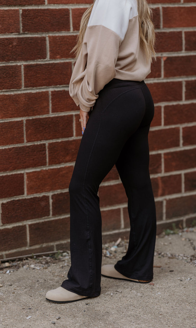 HOLLIE BLACK HIGH WAISTED BELL BOTTOM YOGA PANTS AVAILABLE IN CURVY AND REGULAR