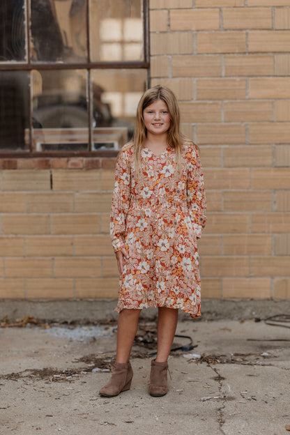 ELAINA GIRLS RUST FLORAL DRESS