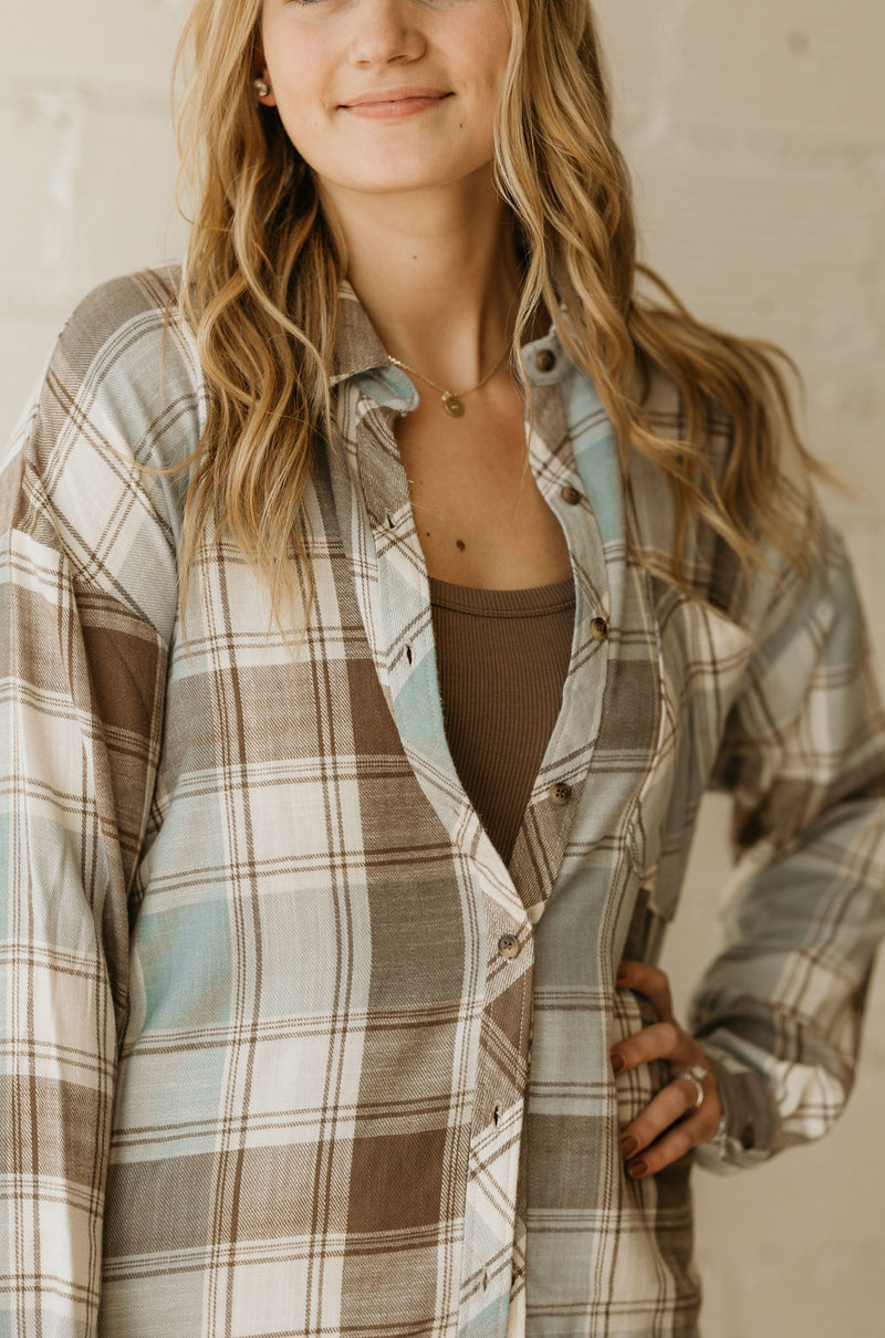 WALLIS BLUE AND BROWN PLAID BUTTON DOWN BY IVY & CO
