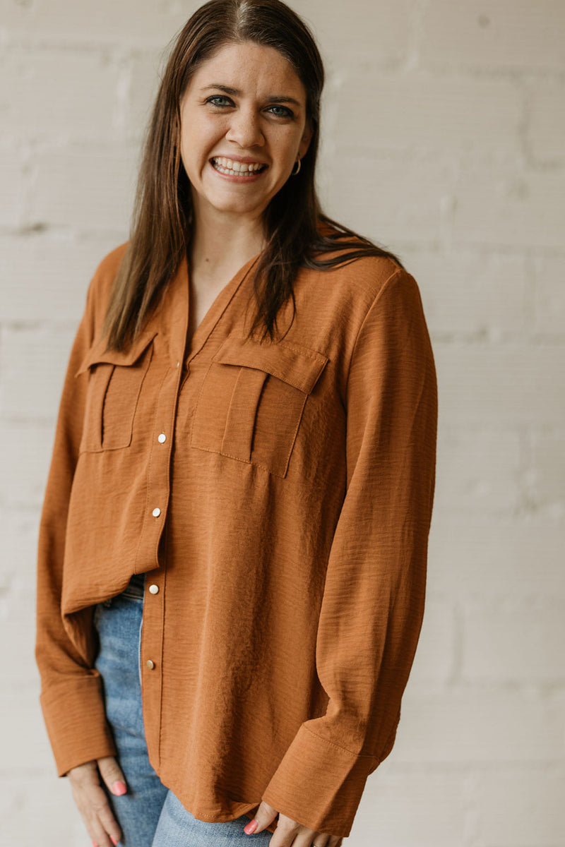CAITLYN BUTTON DOWN CAMEL BLOUSE