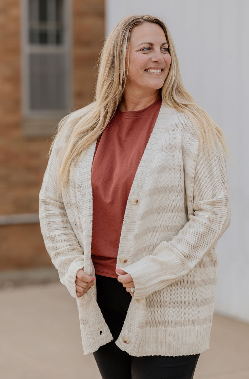 DONNA OATMEAL STRIPED BUTTON DOWN CARDIGAN AVAILABLE IN CURVY & REGULAR