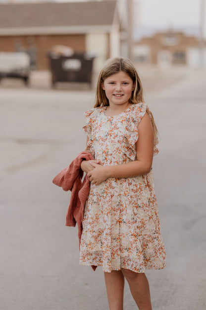 KENNEDY GIRLS RUST FLORAL RUFFLE TIERED DRESS