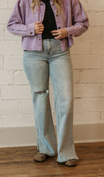 DEIDRA HIGH RISE LIGHT WASH DISTRESSED WIDE FLARE JEAN BY IVY & CO