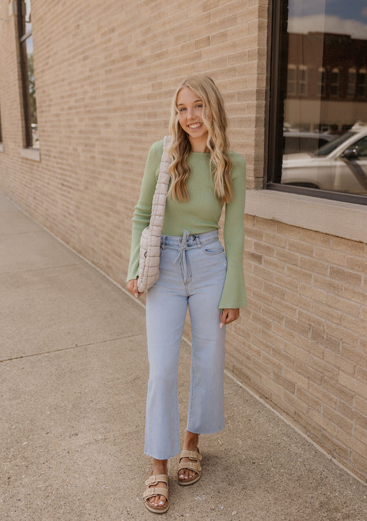 JACKIE MATCHA GREEN BELL SLEEVE TOP BY IVY & CO