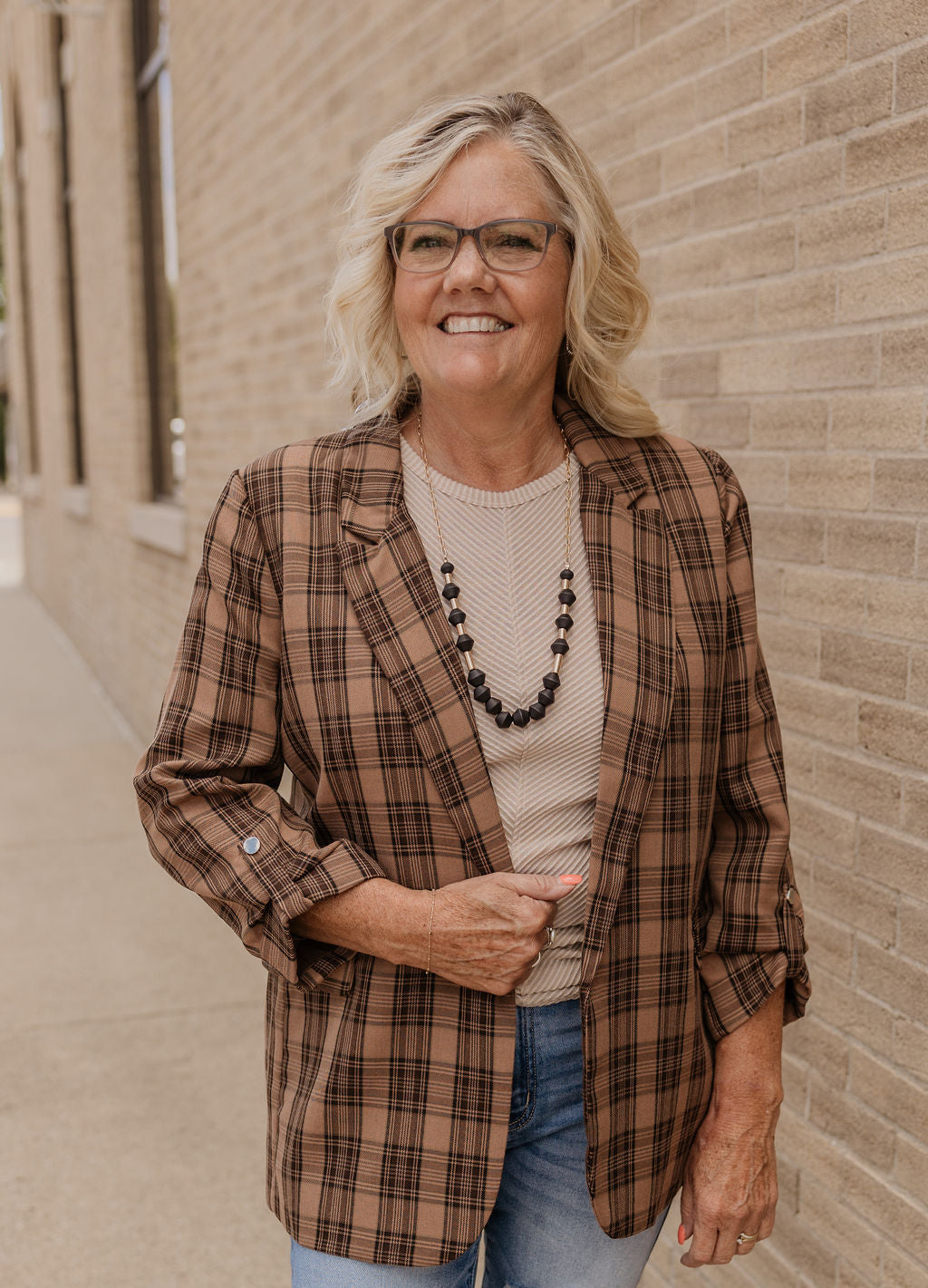 TINA CAMEL AND BLACK PLAID BLAZER