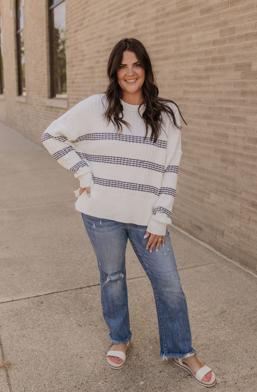 MONICA WHITE SWEATER WITH NAVY STRIPE