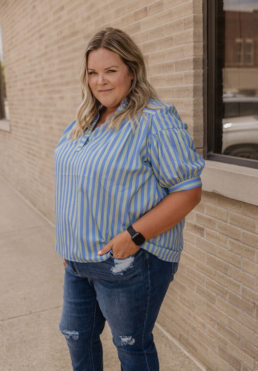 LESLIE CURVY GREEN AND BLUE STRIPED BLOUSE