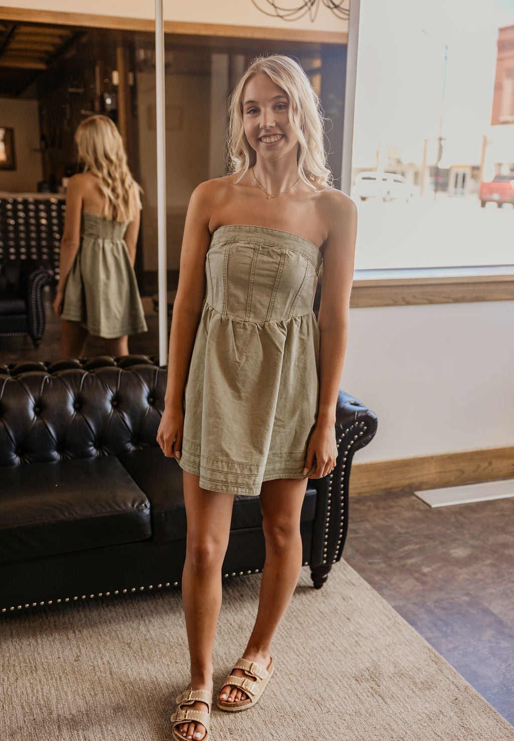 SKYLAR WASHED OLIVE DENIM SHORT DRESS BY IVY & CO