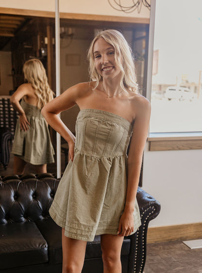 SKYLAR WASHED OLIVE DENIM SHORT DRESS BY IVY & CO