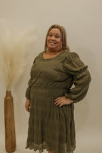 NEVEAH OLIVE CRINKLED LONG SLEEVE SHORT DRESS AVAILABLE IN CURVY AND REGULAR