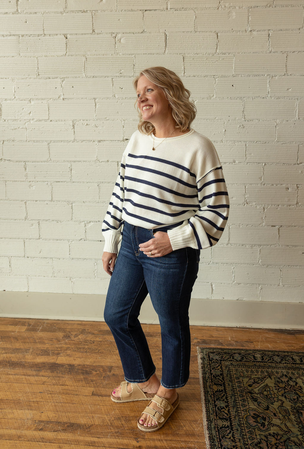 EILEEN IVORY AND NAVY STRIPED SWEATER