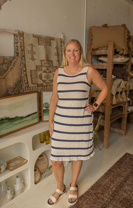 KENDRA KNITTED NAVY AND CREAM STRIPED DRESS