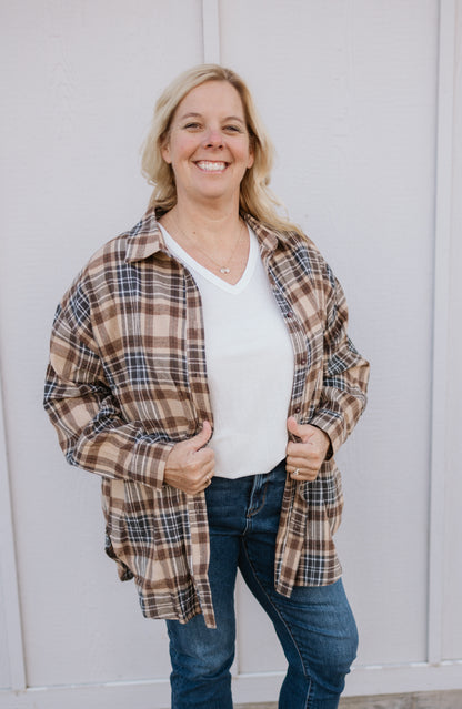 ALEX CURVY CREAM AND BROWN PLAID BUTTON DOWN