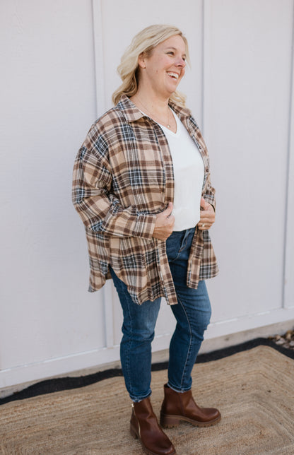 ALEX CURVY CREAM AND BROWN PLAID BUTTON DOWN