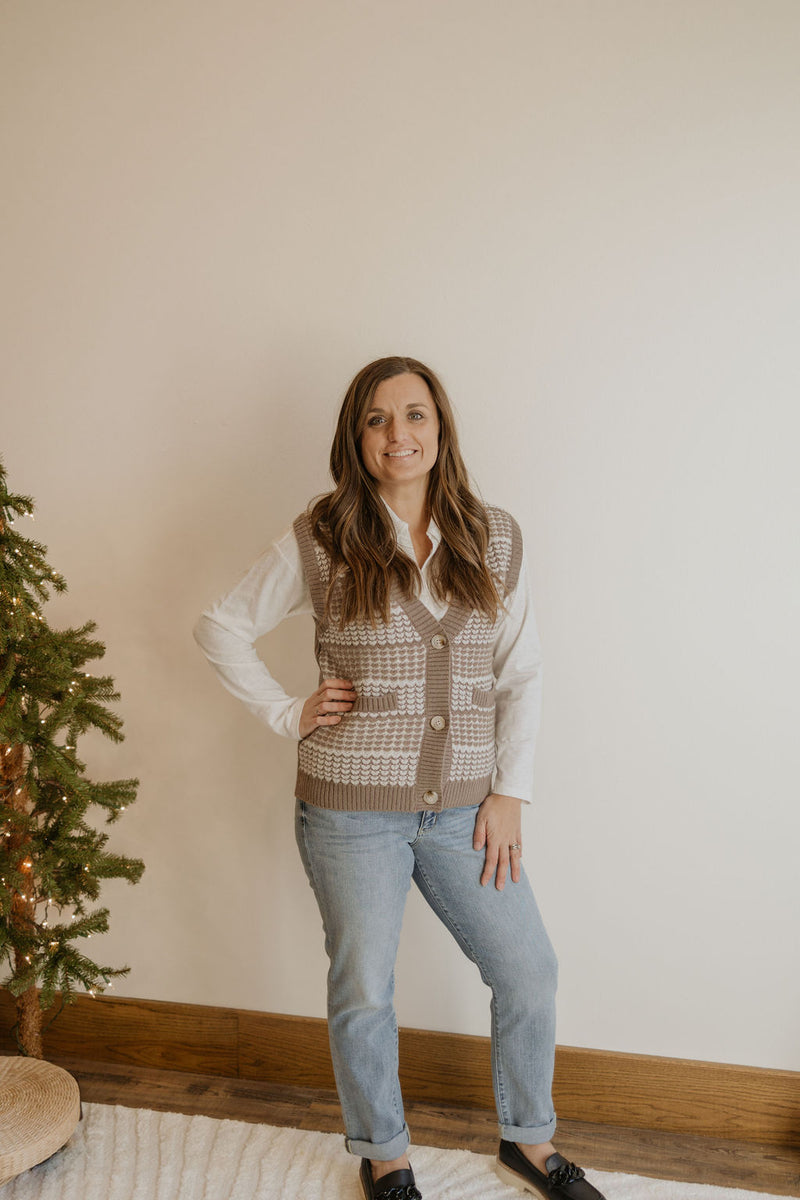 GWEN MUD AND IVORY KNITTED BUTTON DOWN SWEATER VEST