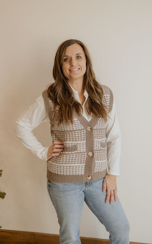 GWEN MUD AND IVORY KNITTED BUTTON DOWN SWEATER VEST