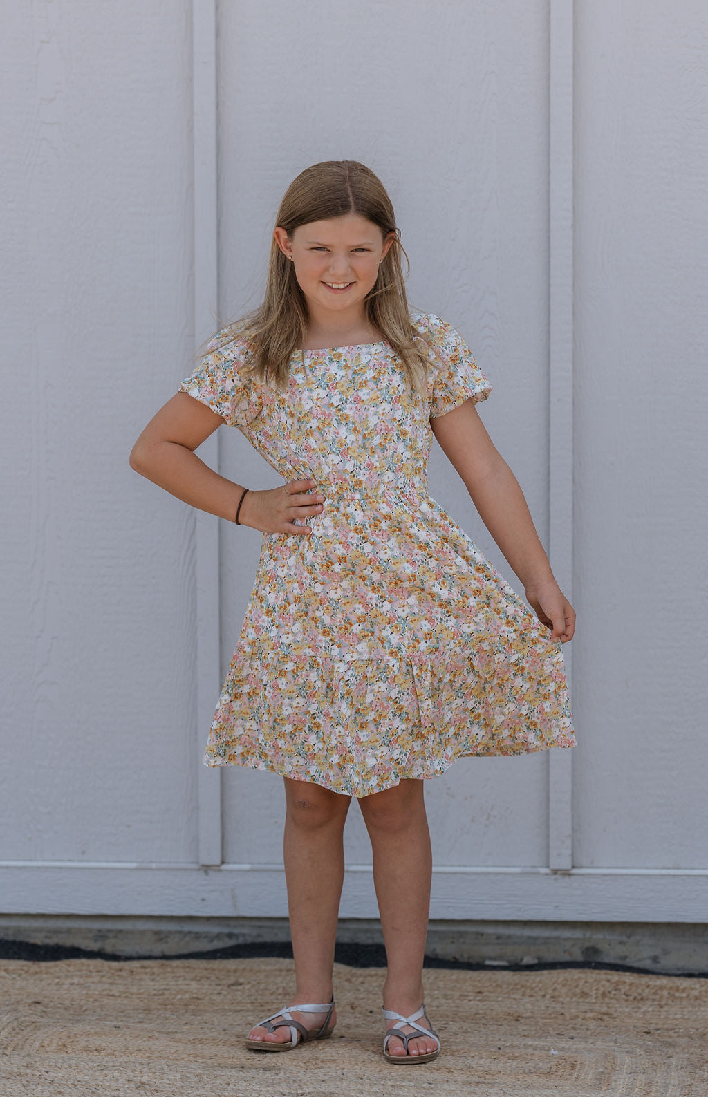 KASSIDY GIRLS YELLOW FLORAL SHORT SLEEVE DRESS