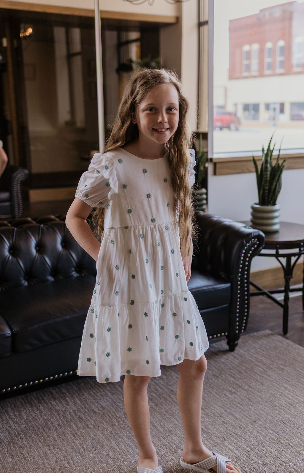 MIKAYLA GIRLS CREAM DRESS WITH SAGE FLOWERS - SMALL MIKAYLA GIRLS CREAM DRESS WITH SAGE FLOWERS - SMALL