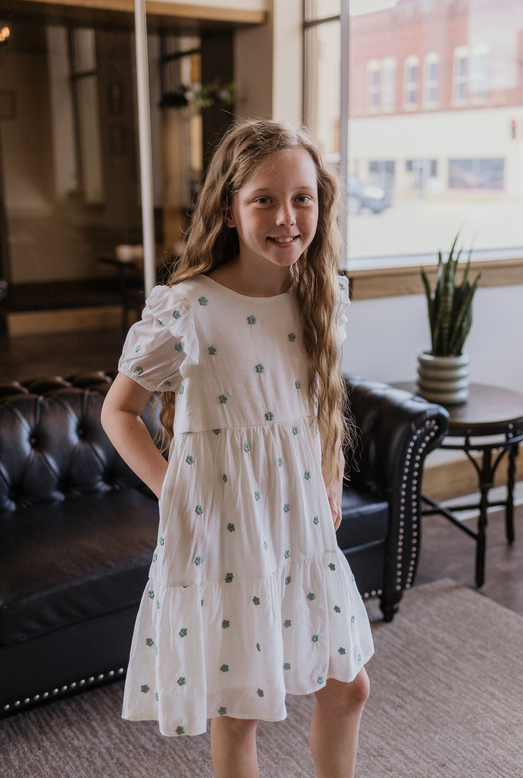 MIKAYLA GIRLS CREAM DRESS WITH SAGE FLOWERS - SMALL MIKAYLA GIRLS CREAM DRESS WITH SAGE FLOWERS - SMALL