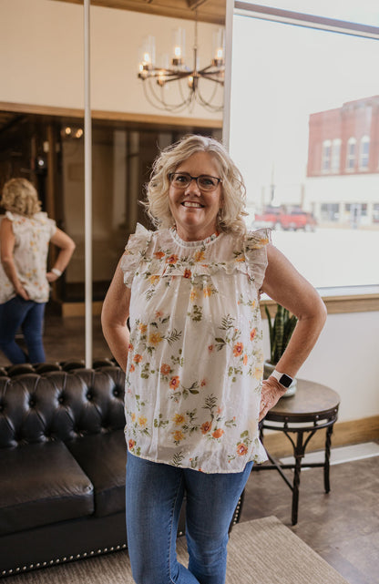 ROSALYN FLORAL IVORY FLUTTER SLEEVE TANK TOP