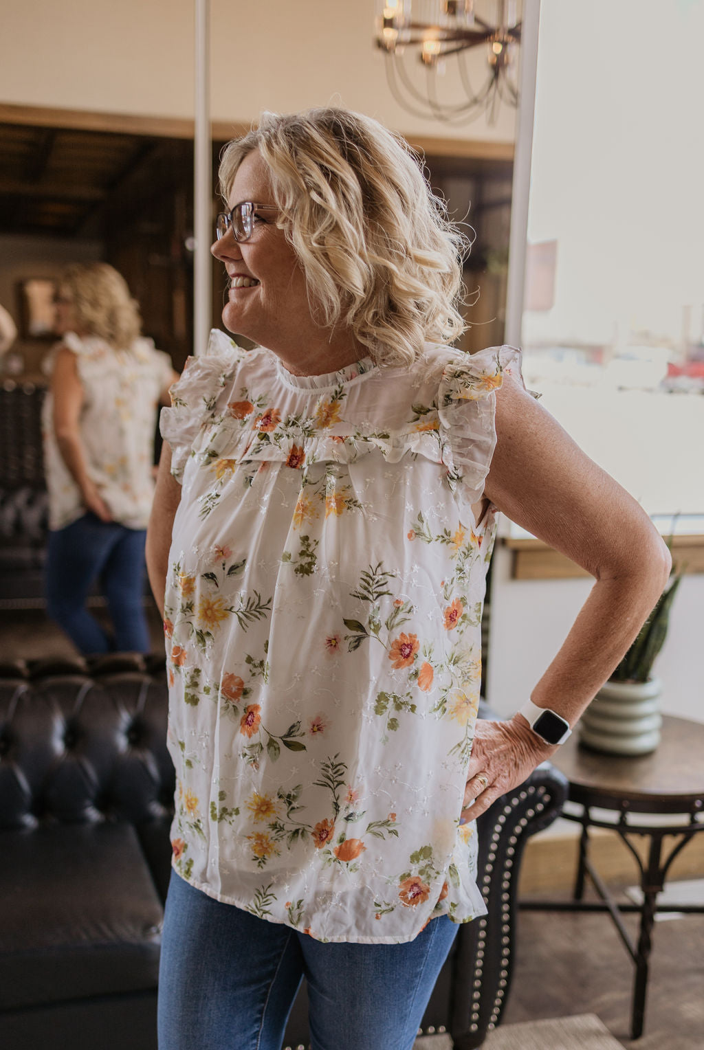 ROSALYN FLORAL IVORY FLUTTER SLEEVE TANK TOP