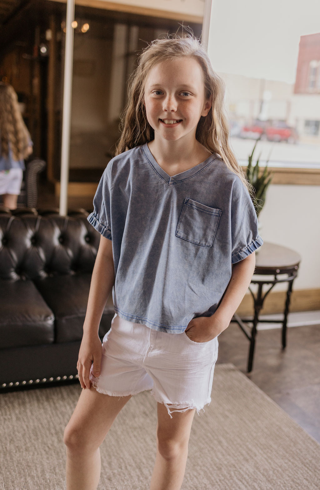 WREN GIRLS BLUE VNECK POCKET TEE WITH ELASTIC CUFF