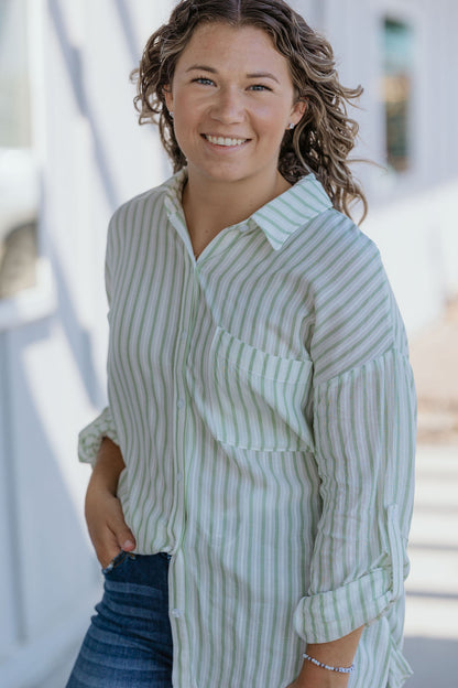 ROXANNE STRIPED SAGE BUTTON DOWN TOP