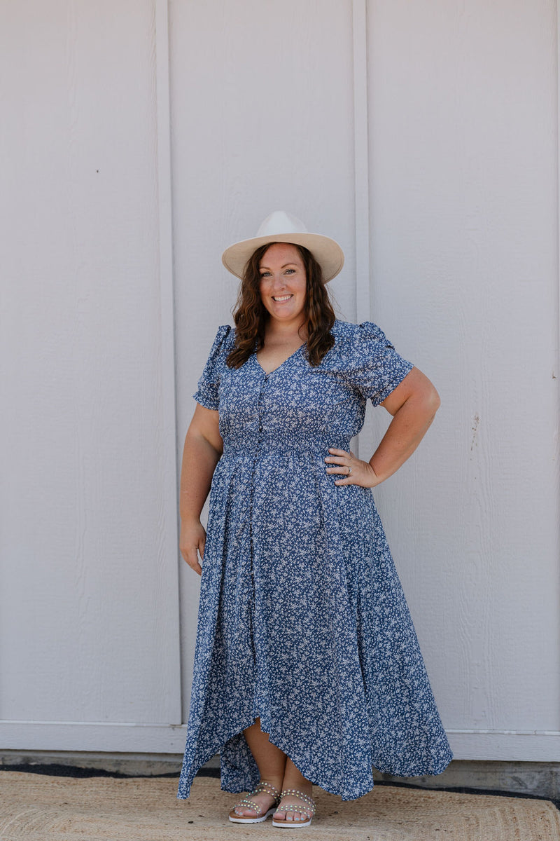 ASHTYN BLUE FLORAL BUTTON DOWN DRESS AVAILABLE IN REGULAR AND CURVY