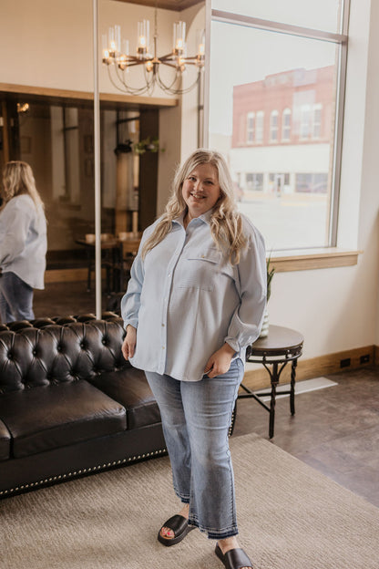 GABY CURVY LIGHT BLUE TEXTURED BUTTON DOWN TOP