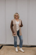 LADONNA COLORBLOCK TAUPE AND BROWN CARDIGAN