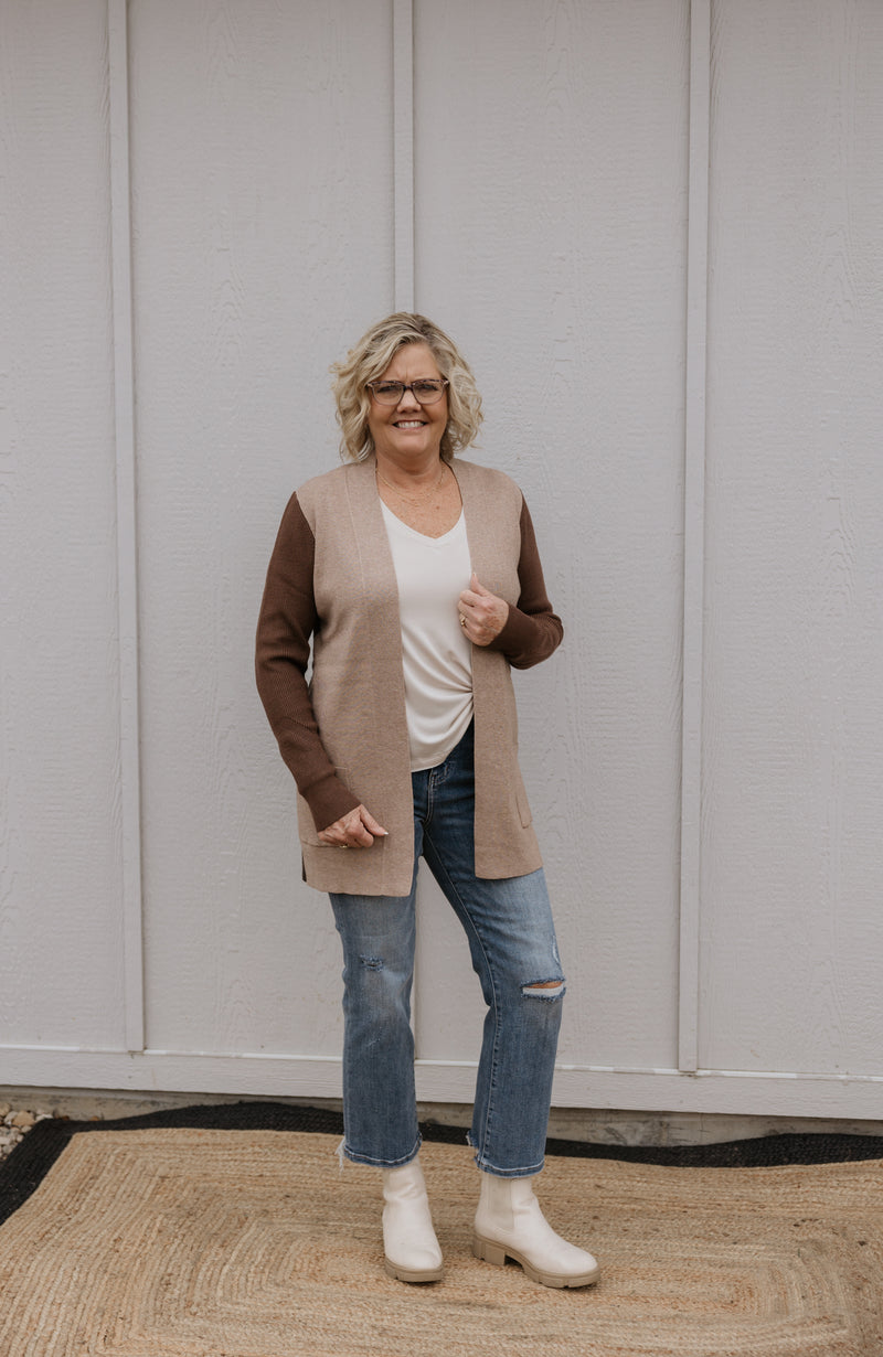 LADONNA COLORBLOCK TAUPE AND BROWN CARDIGAN