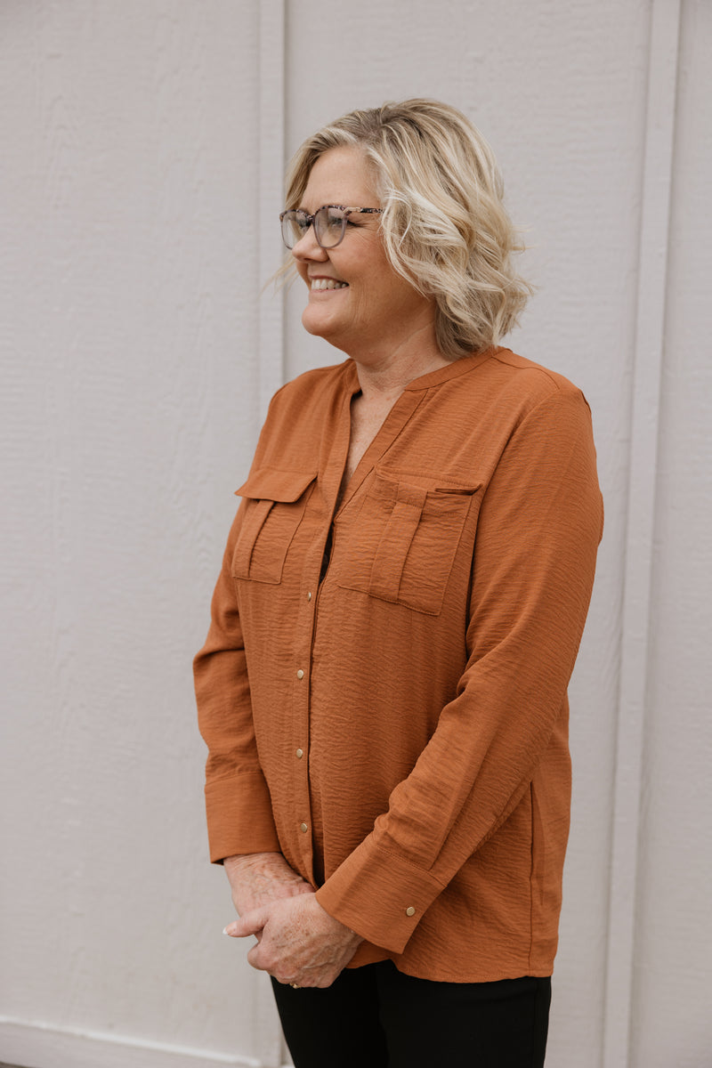 CAITLYN BUTTON DOWN CAMEL BLOUSE