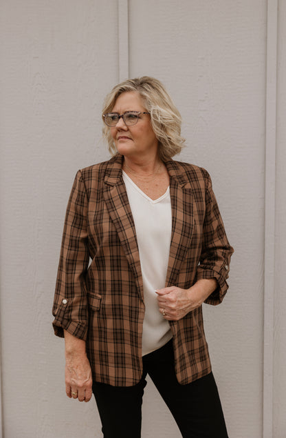 TINA CAMEL AND BLACK PLAID BLAZER