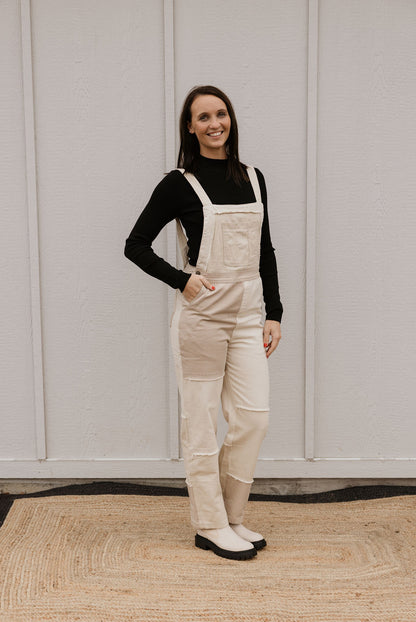 ZIY KHAKI COLORBLOCK TWILL OVERALLS