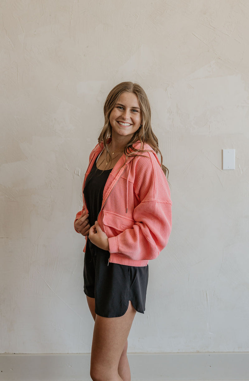 KATLYN WAFFLE GARMENT DYE CORAL ZIP UP BY IVY & CO