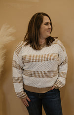ROXY CAMEL AND WHITE STRIPED CABLE SWEATER