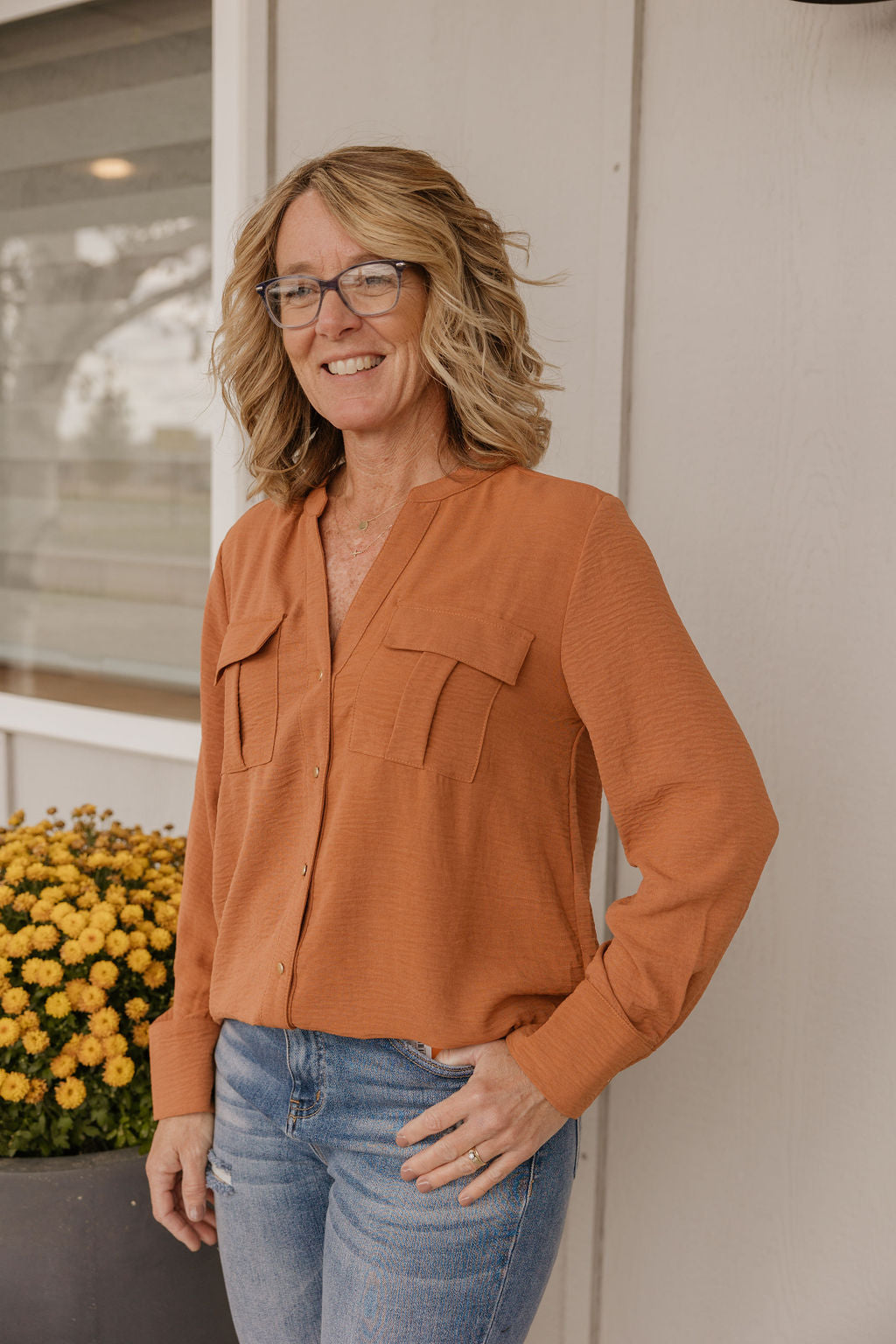 CAITLYN BUTTON DOWN CAMEL BLOUSE