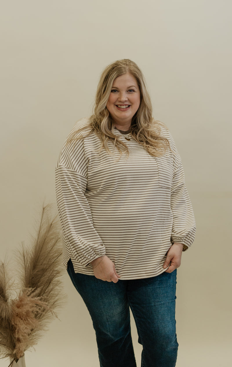 LYNNE CURVY TAUPE STRIPED LONG SLEEVE TOP