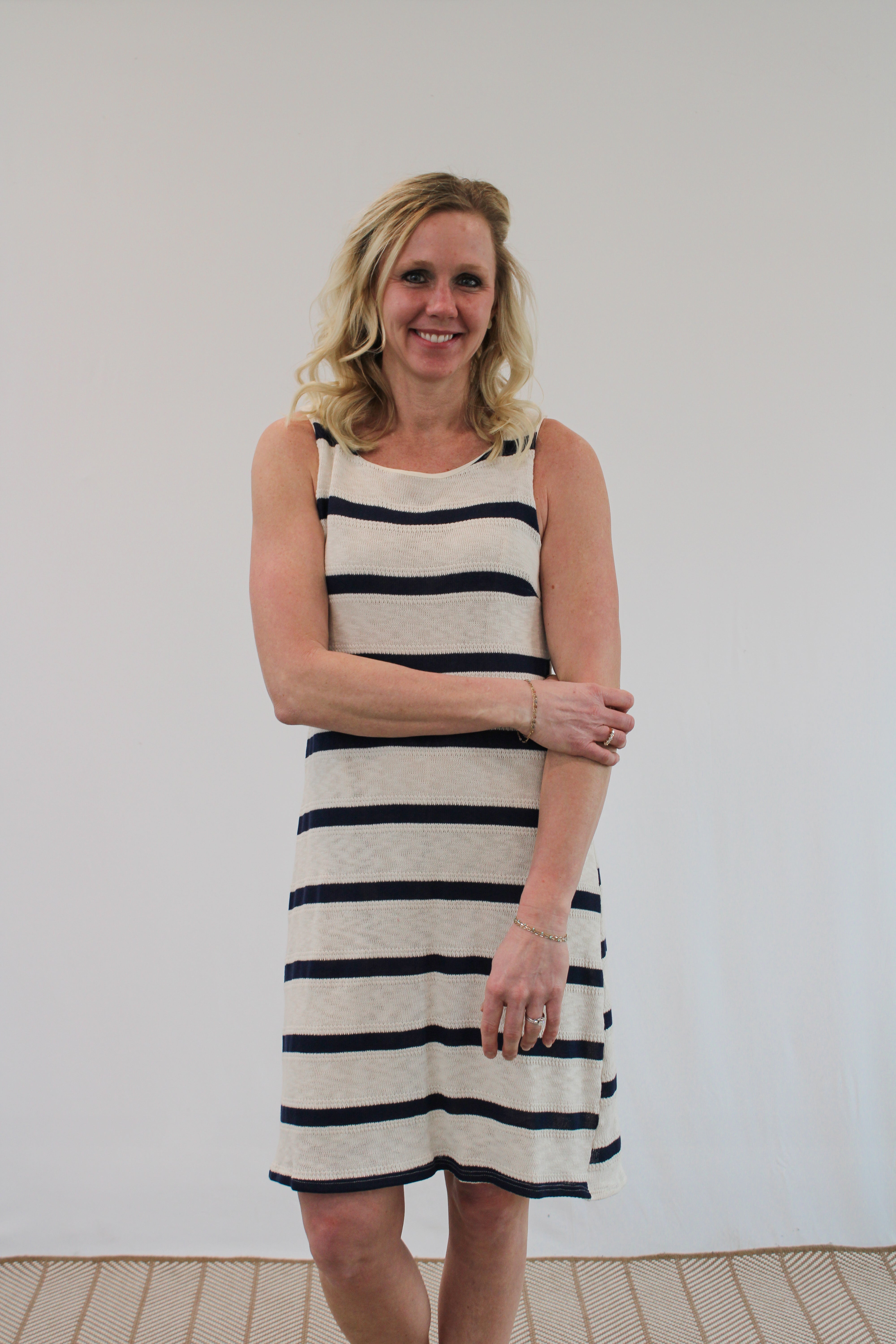 KENDRA KNITTED NAVY AND CREAM STRIPED DRESS - SMALL KENDRA KNITTED NAVY AND CREAM STRIPED DRESS - SMALL