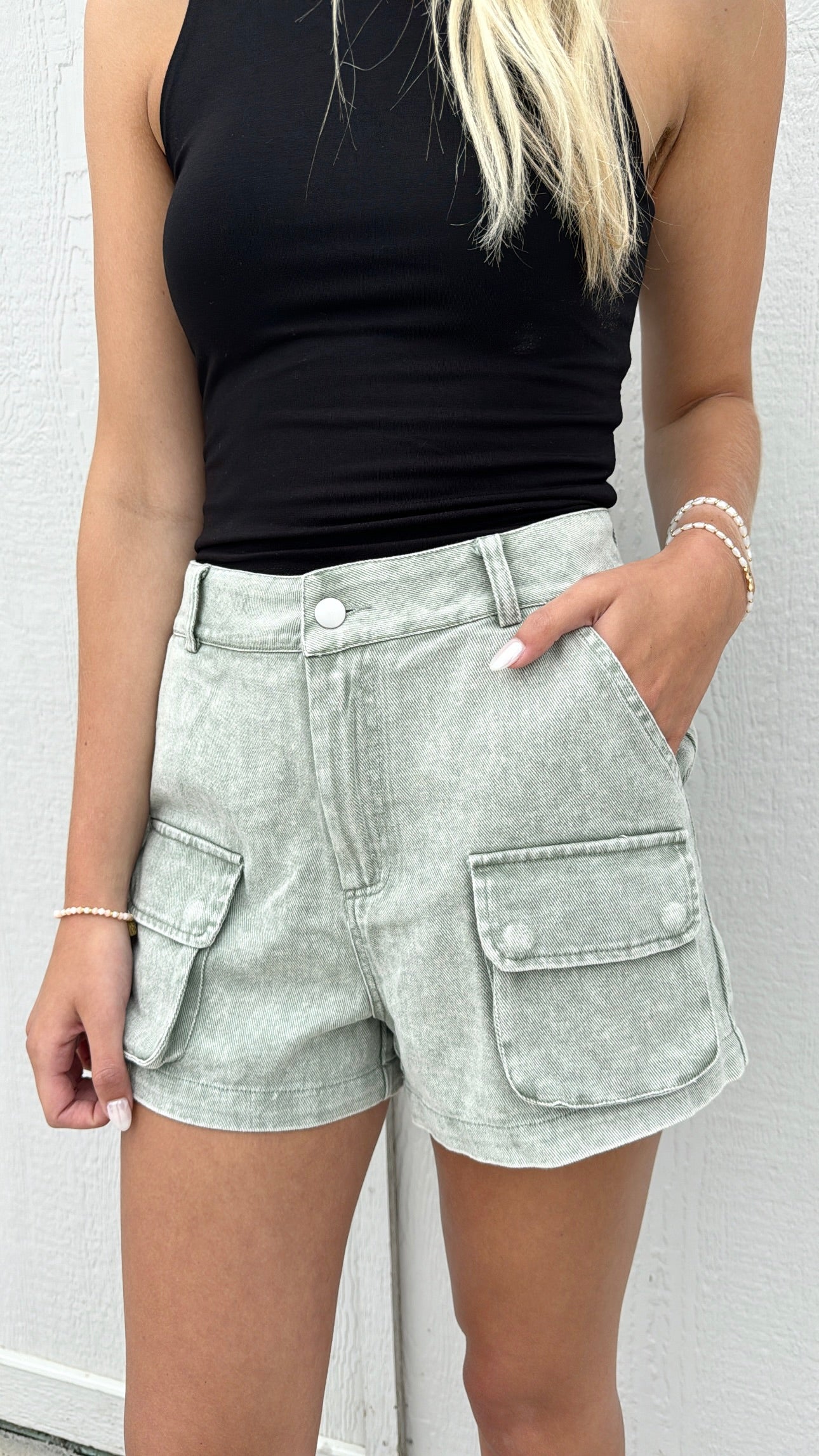 JAELYN HIGH WAISTED CARGO DENIM SHORTS BY IVY & CO