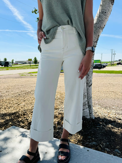 RENITA CREAM HIGH RISE ANKLE WIDE CUFFED JEANS