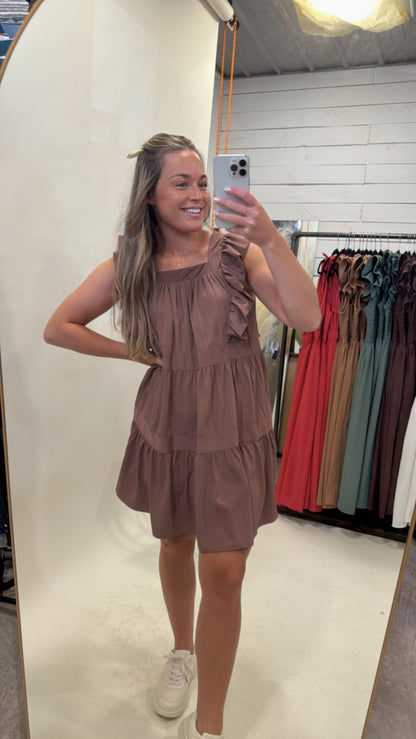 GEMINA RUFFLE SLEEVE MOCHA DRESS