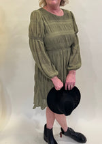 NEVEAH OLIVE CRINKLED LONG SLEEVE SHORT DRESS AVAILABLE IN CURVY AND REGULAR