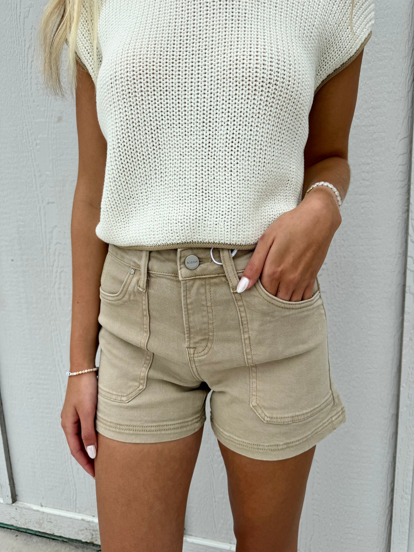 SAYLOR KHAKI MID RISE SHORTS