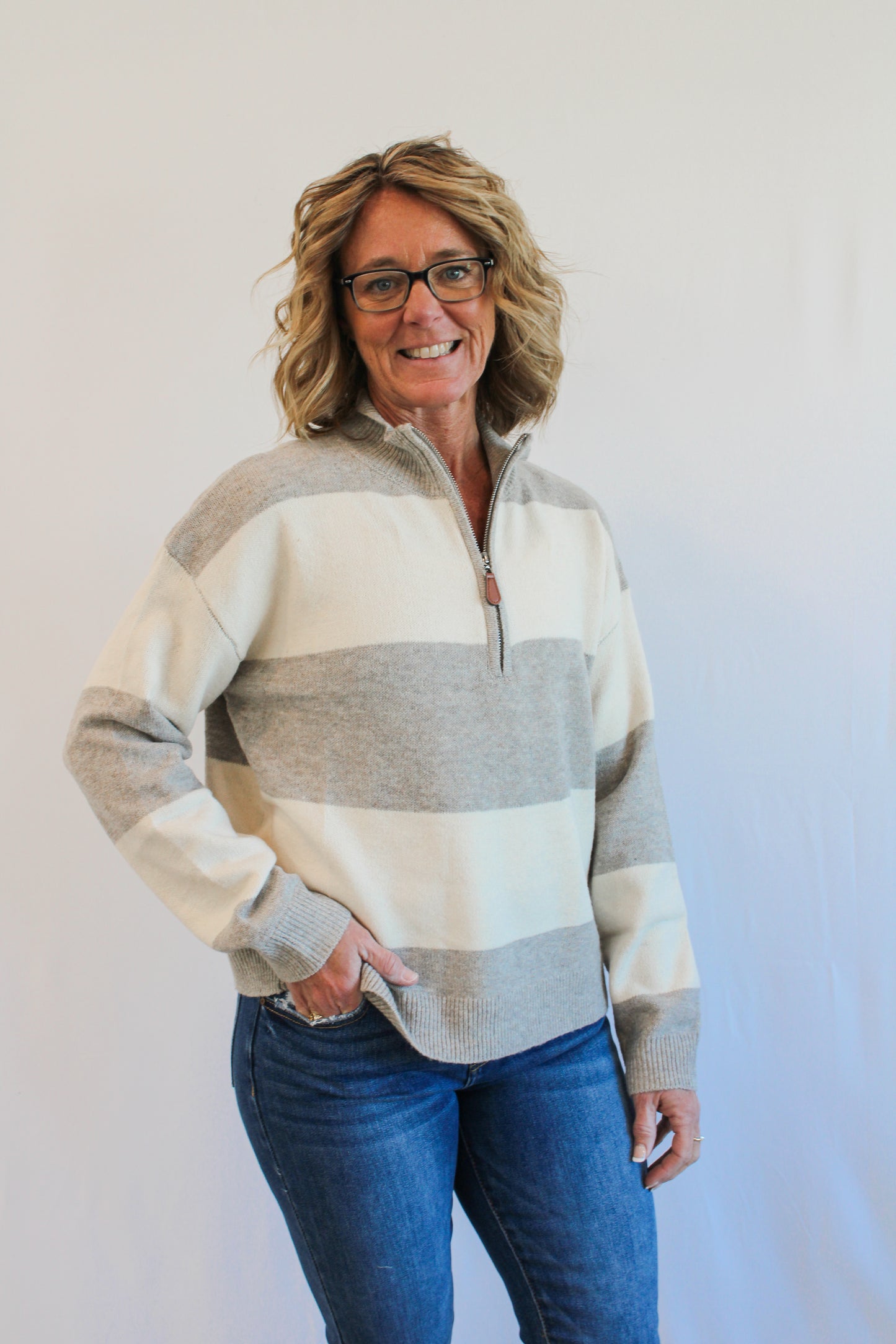 HENNA STRIPED HALF-ZIP SWEATER