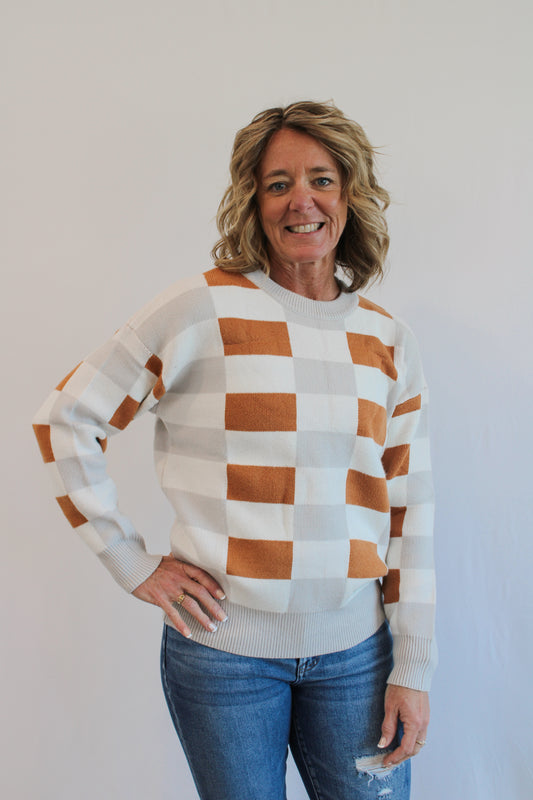 ATLEE CHECKERED RIBBED BLOCK SWEATER