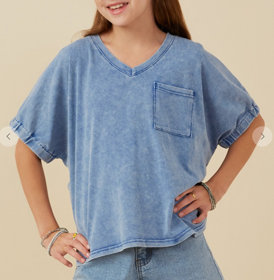 WREN GIRLS BLUE VNECK POCKET TEE WITH ELASTIC CUFF